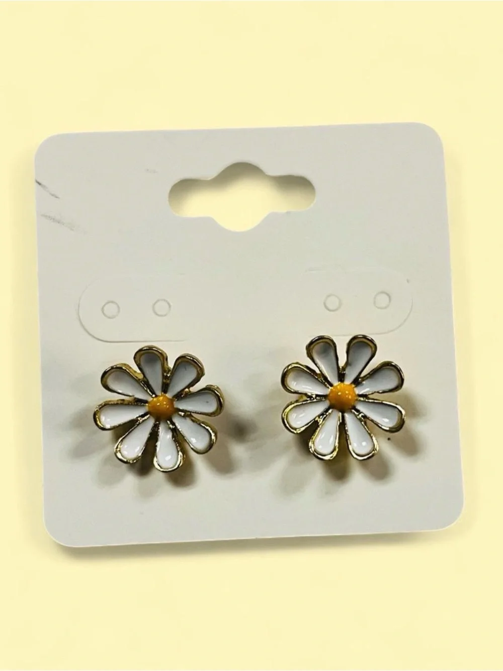 Gold-Tone White Daisy Stud Earrings with Yellow Center